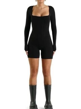 Naked Wardrobe Black Long-Sleeve Square Neck Romper